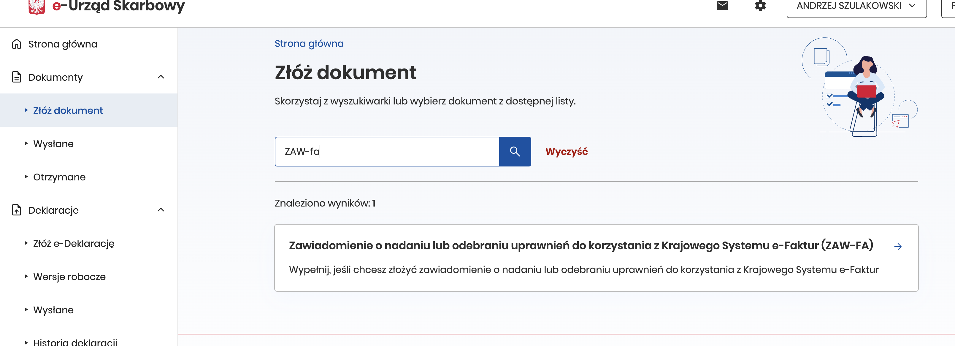 Поиск формуляра ZAW-FA в e-Urząd Skarbowy